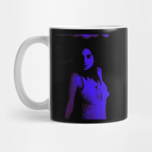 Portrait, digital collage, special processing. Disturbed woman, looking on us. Beautiful. Blue and violet. Mug